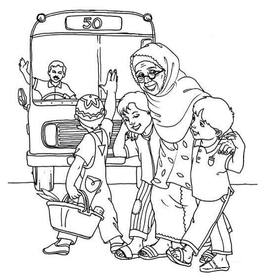 Kindergarten Coloring Worksheet  : boys helpinga n old woman cross the road