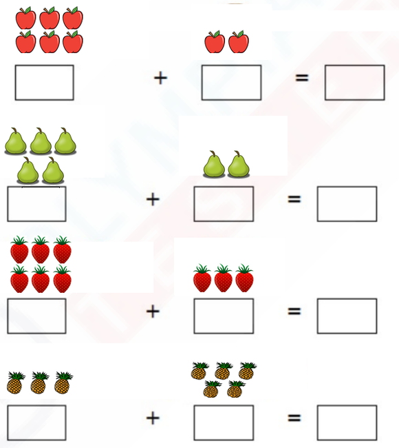 Image of a fun worksheet with various fruits such as tomatoes, strawberries, pears, and pineapples arranged in groups. The worksheet includes space to write the numbers and find the sum