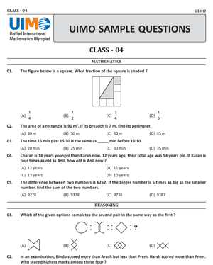 Download Class 4 UIMO official sample question paper