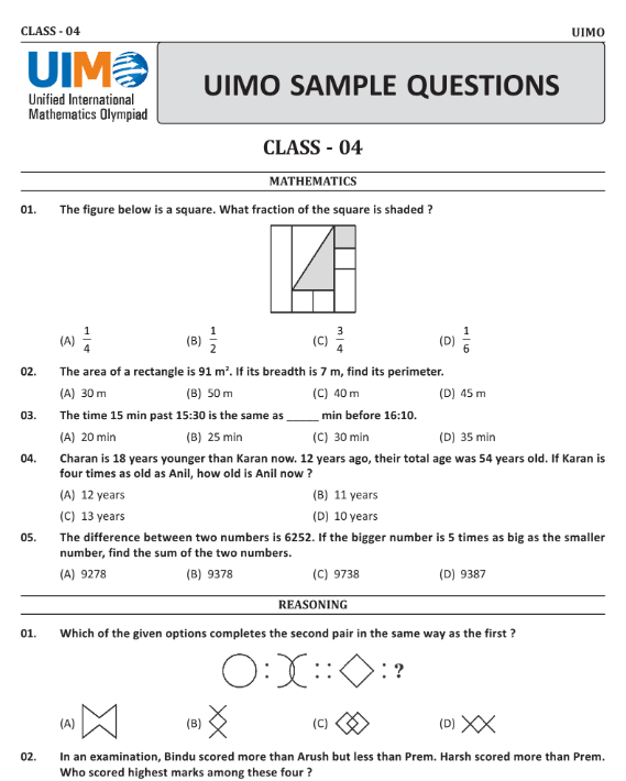 Class 4 UIMO official sample question paper