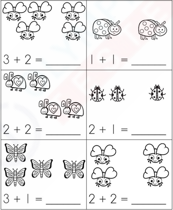 A worksheet with pictures of different bugs in groups and addition problems written below