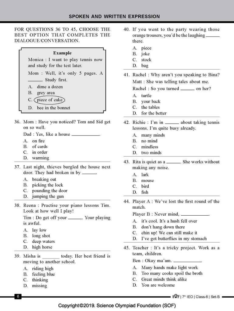 English Olympiad Class 6 - Sample question paper 14