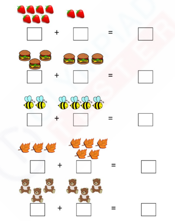Image of worksheet with boxes containing objects for counting and addition practice.
