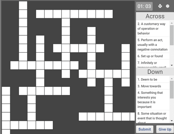 Daily online crossword puzzle for English Vocabulary - 08 Jan 2019