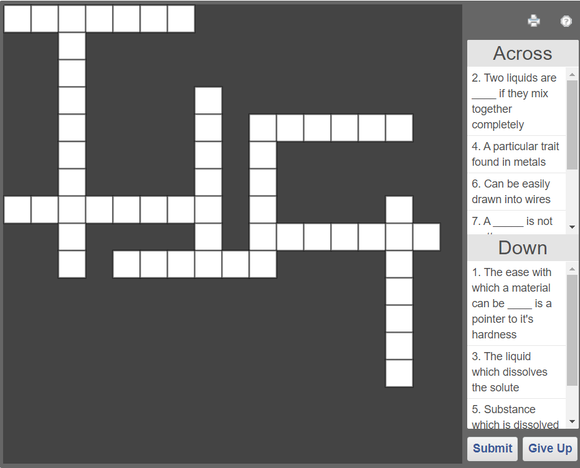 Online science crossword puzzle - Matter and materials