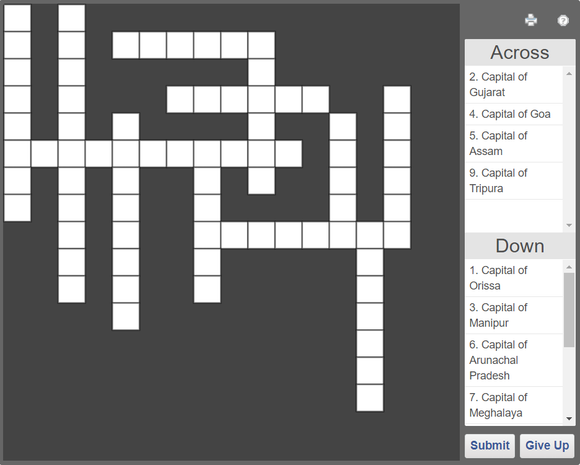 Online G.K Crossword puzzle - State capitals of India