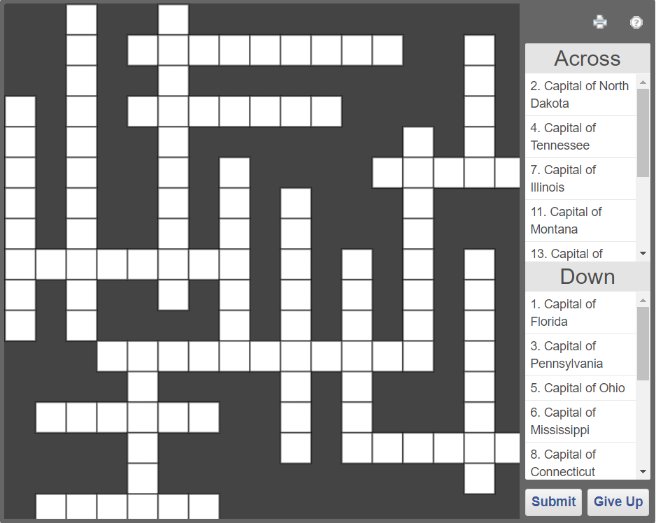 Online crossword - State capitals of USA | Olympiad tester