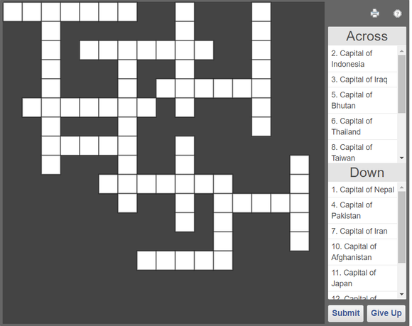G.K Online Crossword puzzle - Capitals of Asian countries