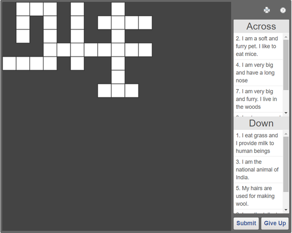 Online crossword puzzle - Animals