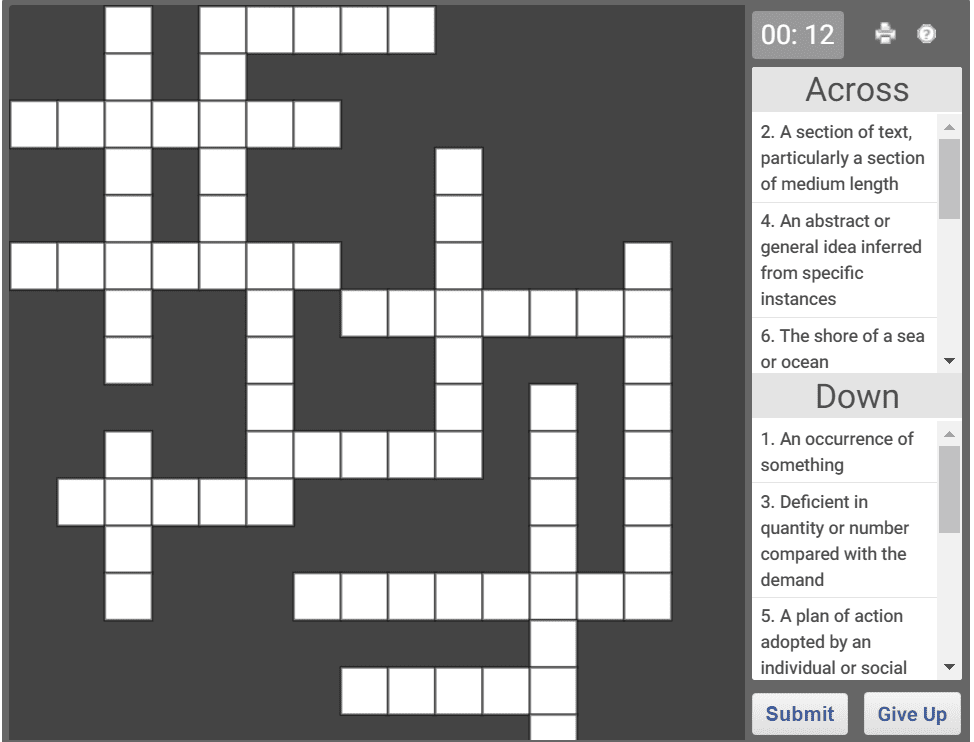 Online crossword puzzle for kids English vocabulary Olympiad tester