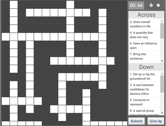 Online crossword puzzle for kids, English vocabulary