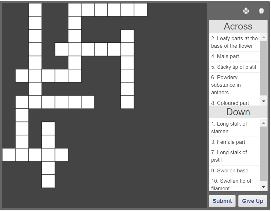Parts of flower Online crossword puzzle Olympiad tester