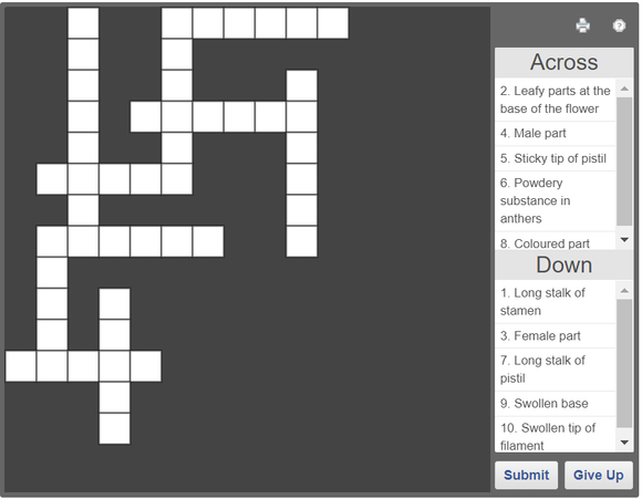 Online Science crossword puzzle - Parts of flower