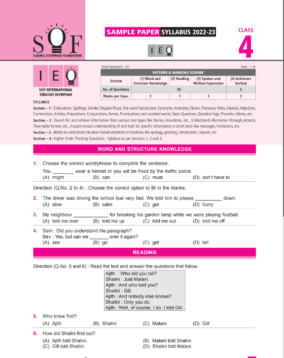 Official Class 4 IEO English Olympiad sample question paper
