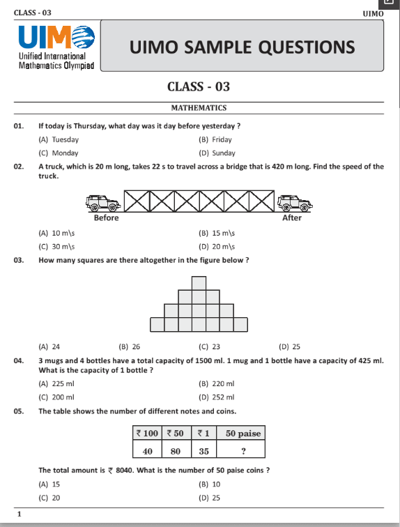 Download Class 3 UIMO Maths Olympiad sample paper