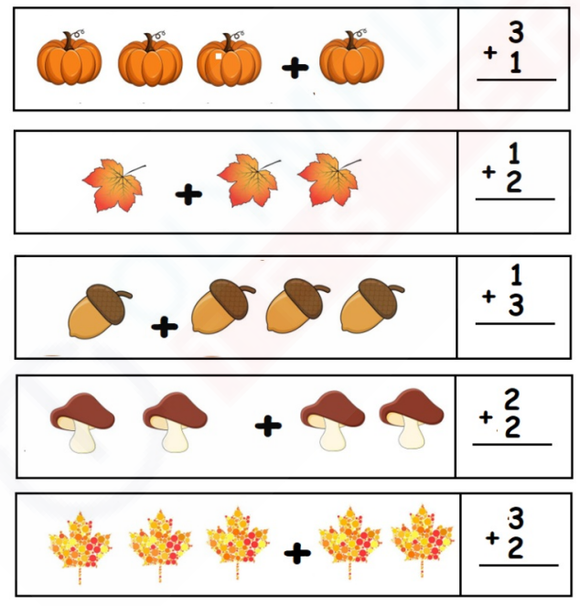  A colorful autumn-themed worksheet with boxes containing fall items like pumpkins, leaves, and acorns.