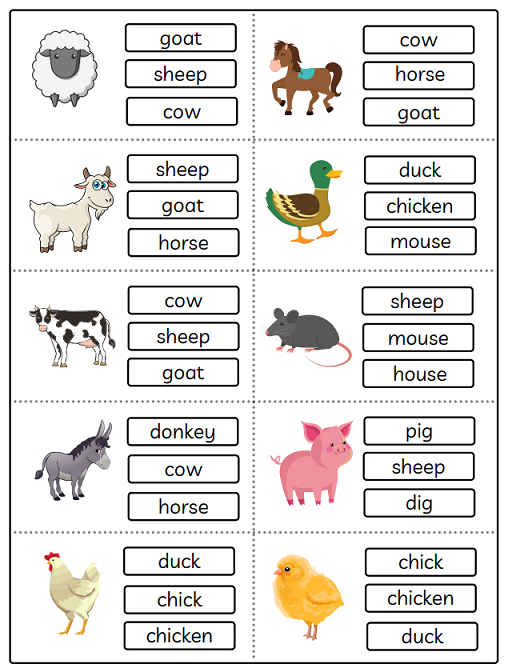 Download free kindergarten worksheet on animals . This worksheet can be used to recognise animal names.