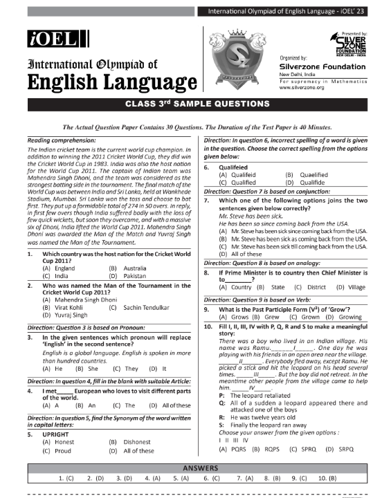Class 3 iOEL English Olympiad sample paper