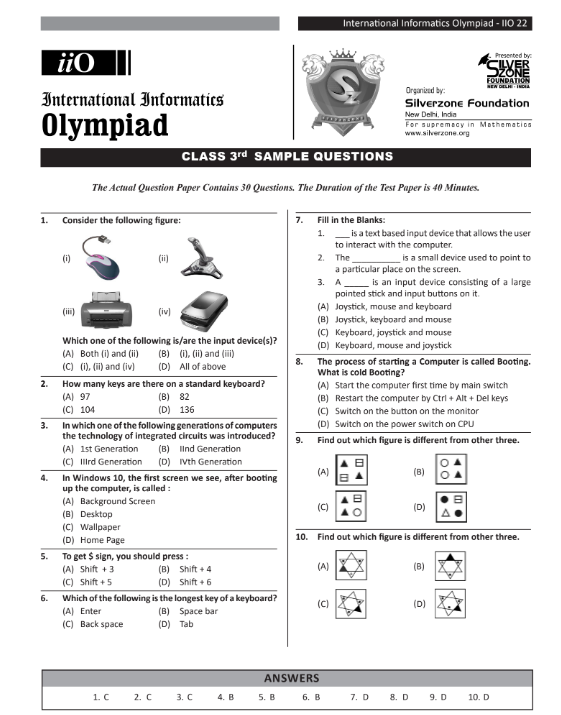 Class 3 iIO Cyber Olympiad sample question paper