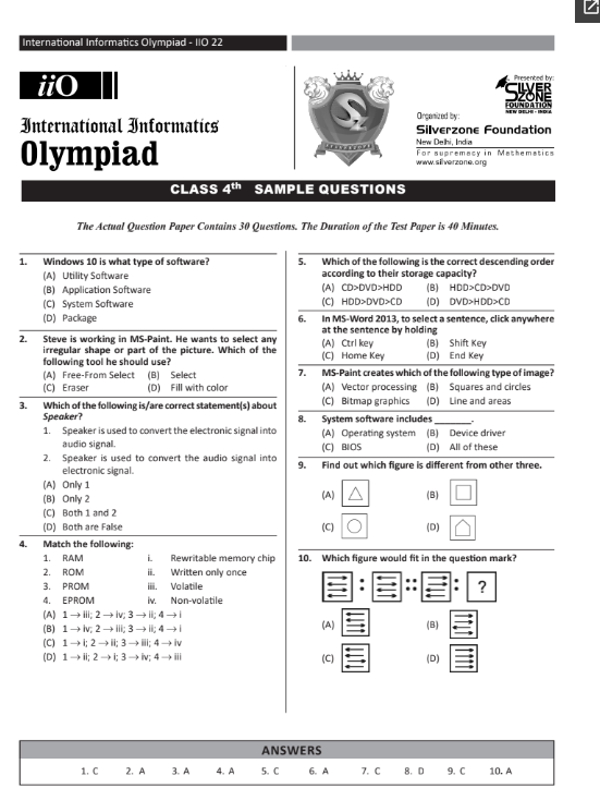 Official Class 4 iIO (International informatics Olympiad) sample question paper