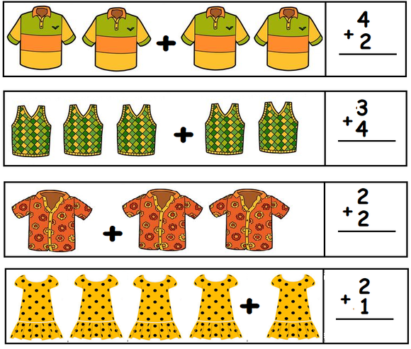 An image of colorful clothes in different shapes and sizes arranged in boxes with empty boxes on the right for writing answers.