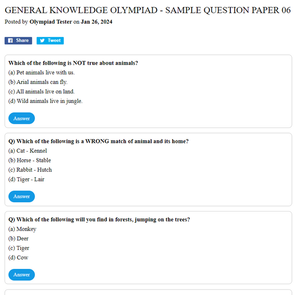 General Knowledge Olympiad - Sample question paper 06