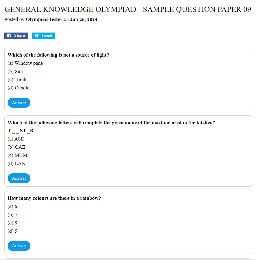 General Knowledge Olympiad - Sample question paper 09