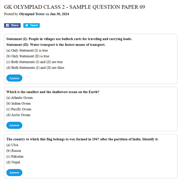 GK Olympiad Class 2 - Sample question paper 09
