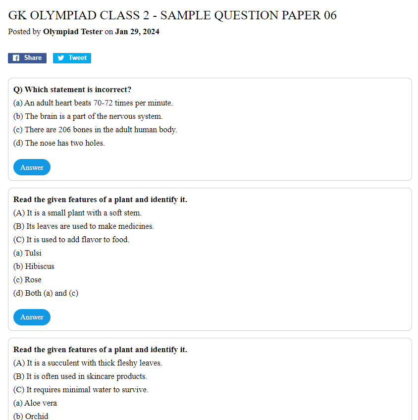 GK Olympiad Class 2 - Sample question paper 06