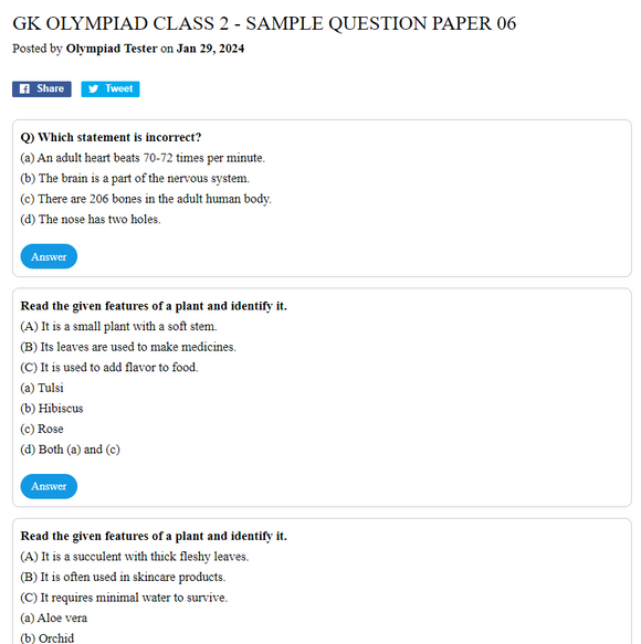 GK Olympiad Class 2 - Sample question paper 06