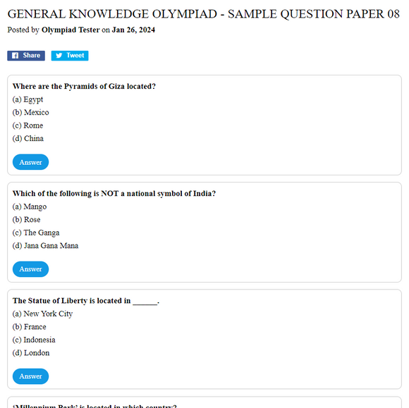 General Knowledge Olympiad - Sample question paper 08