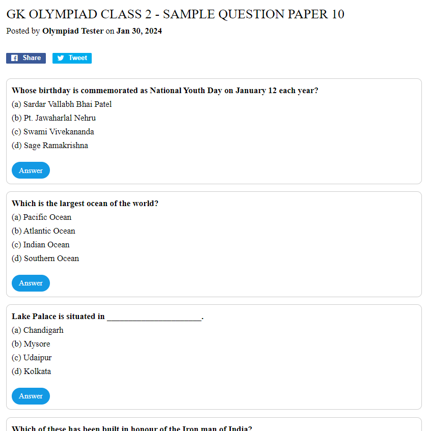 GK Olympiad Class 2 - Sample question paper 10
