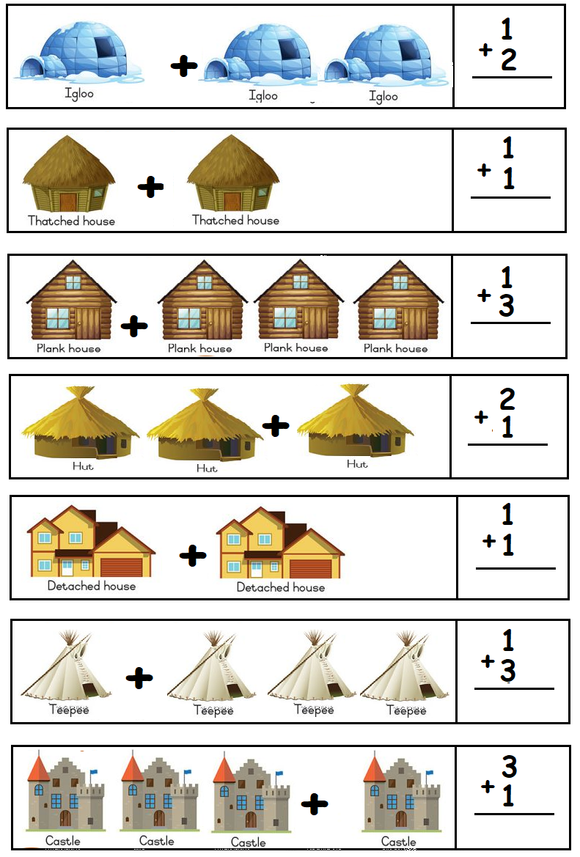 An image of a kindergarten addition worksheet with boxes containing different illustrations of houses and spaces to write answers on the right.