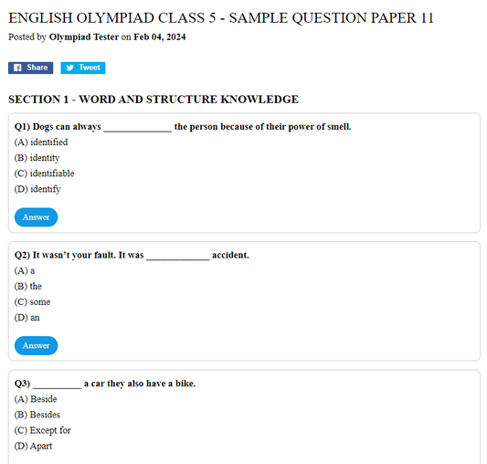 English Olympiad Class 5 - Sample question paper 11