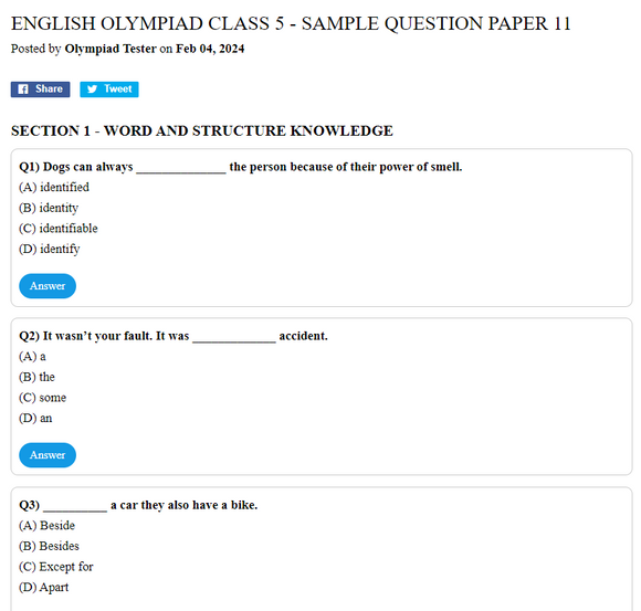 English Olympiad Class 5 - Sample question paper 11