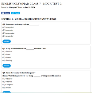English Olympiad Class 7 - Mock test 01