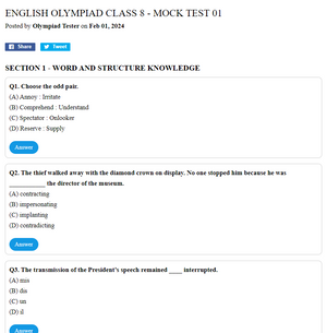 English Olympiad Class 8 - Mock test 01