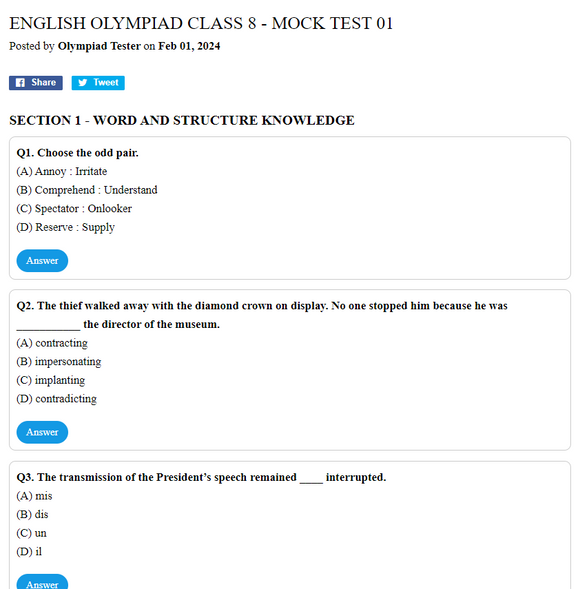 English Olympiad Class 8 - Mock test 01