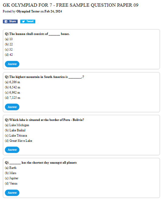GK Olympiad for 7 -  Free Sample question paper 09