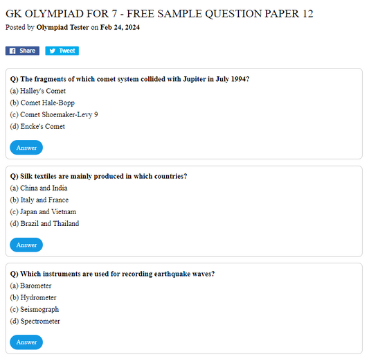 GK Olympiad for 7 -  Free Sample question paper 12