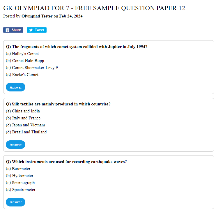 GK Olympiad for 7 -  Free Sample question paper 12