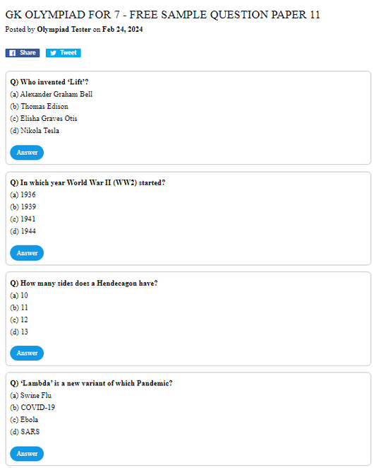 GK Olympiad for 7 -  Free Sample question paper 11