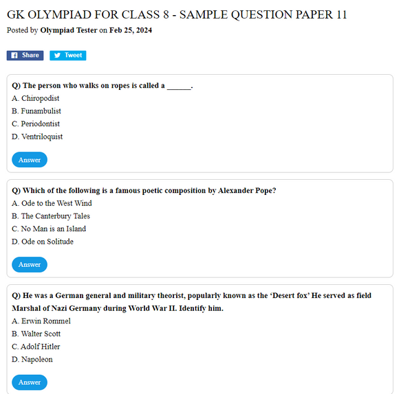 GK Olympiad for Class 8 - Sample question paper 11