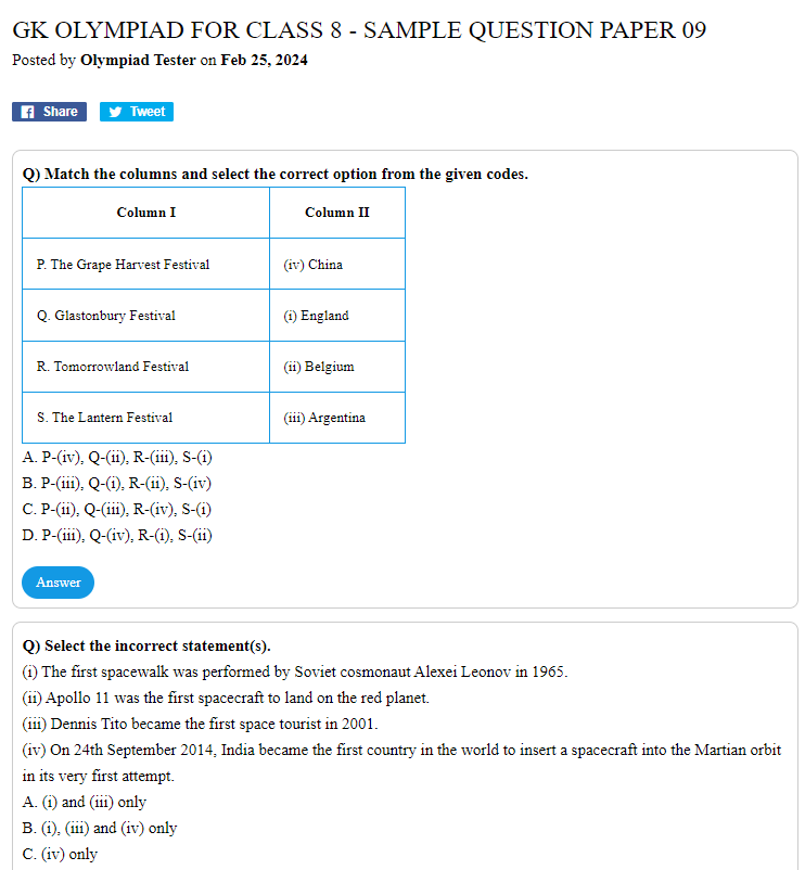 GK Olympiad for Class 8 - Sample question paper 09