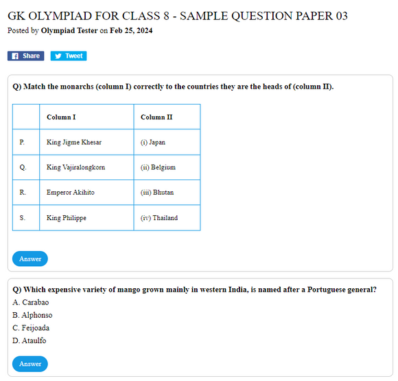 GK Olympiad for Class 8 - Sample question paper 03