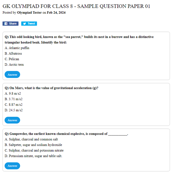 GK Olympiad for Class 8 - Sample question paper 01