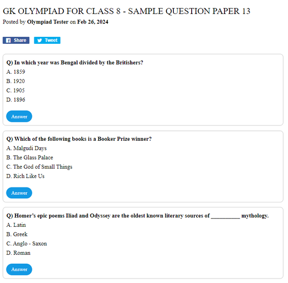 GK Olympiad for Class 8 - Sample question paper 13