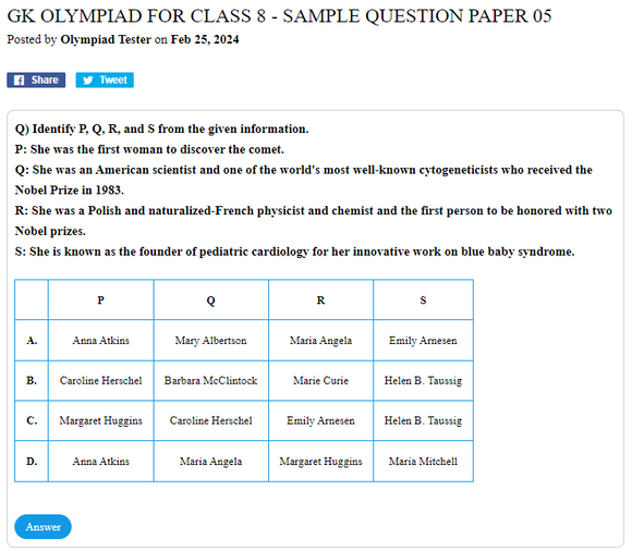 GK Olympiad for Class 8 - Sample question paper 05