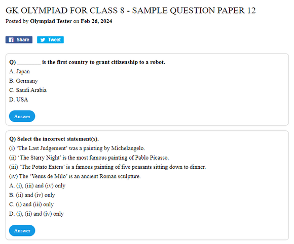 GK Olympiad for Class 8 - Sample question paper 12