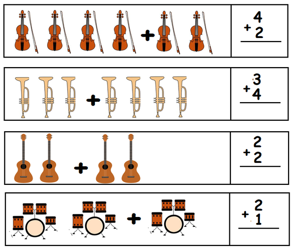 Illustration of musical instruments - guitar, drum, trumpet, and violin - in colorful boxes, with an empty box to the right for writing the answer.